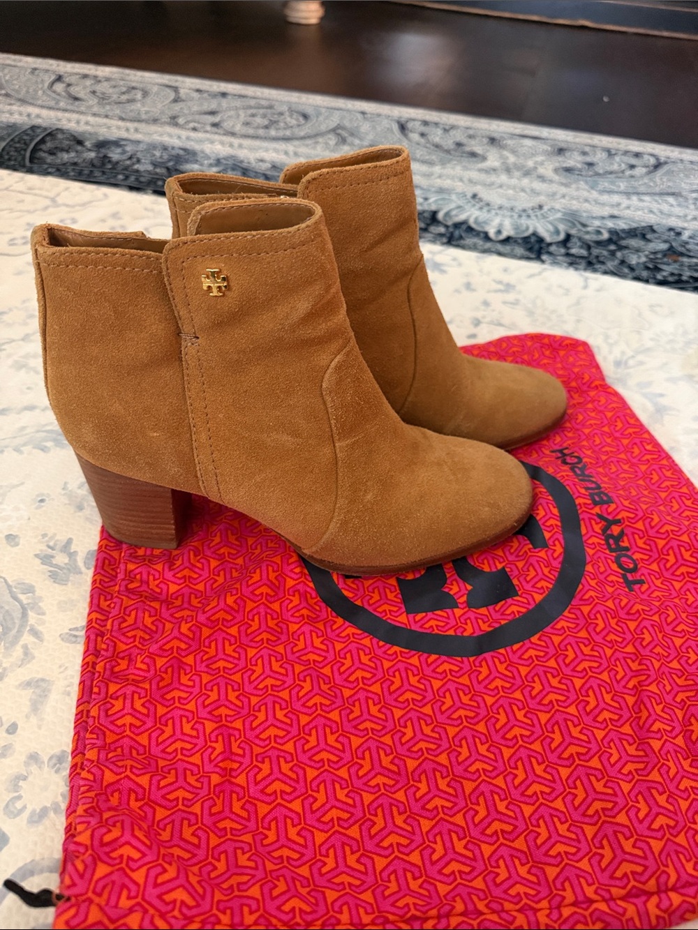 Tory Burch Chestnut Suede Ankle Booties with Logo